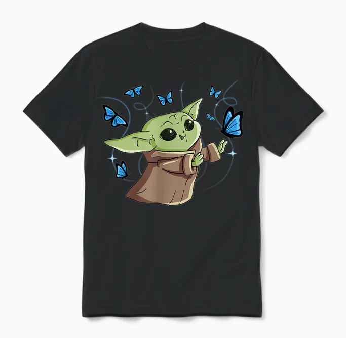 Star Wars the Mandalorian the Child with Blue Butterflies T-Shirt, Black Unisex T-Shirt in Black