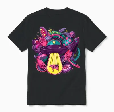 Space with Alien Saucer Rocket Planets Stars Unisex T-Shirt - Black