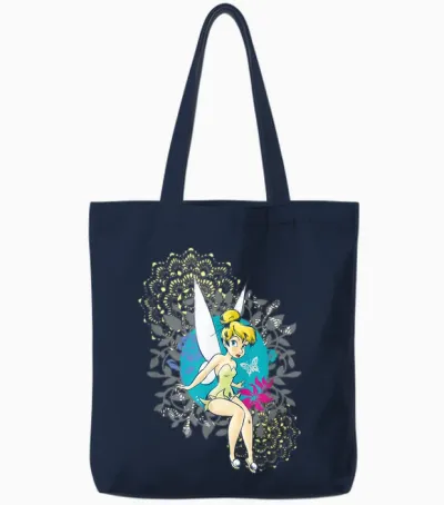 Tinkerbell Floral Pattern T-Shirt, Black, S Tote Bags - Navy