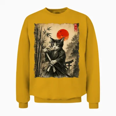 Samurai Cat Japanese Art Men Boys Funny Graphic Tee Anime Unisex Sweatshirt - Gold