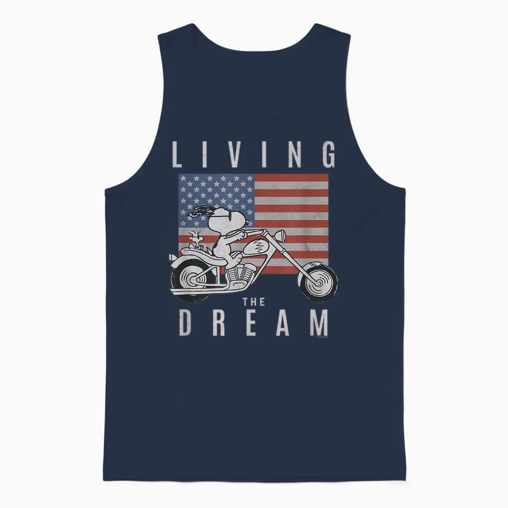 Peanuts Snoopy Living the Dream Snoopy on a Motorcycle Unisex Tank Top in Navy