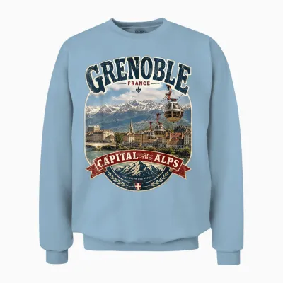 Grenoble France Capitale Des Alpes - Téléphérique Vintage Unisex Sweatshirt - Light Blue