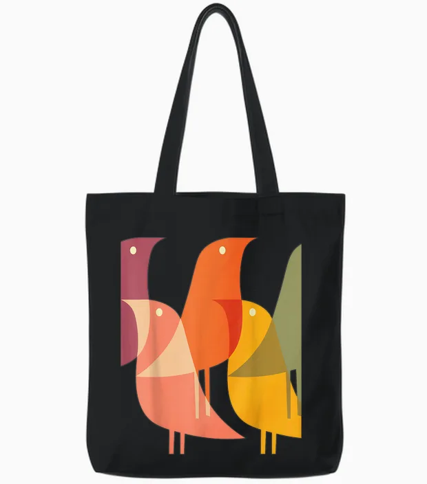 Bird Print Art Deco 60s Style Minimal Hippy Retro Cool Tote Bags in Black