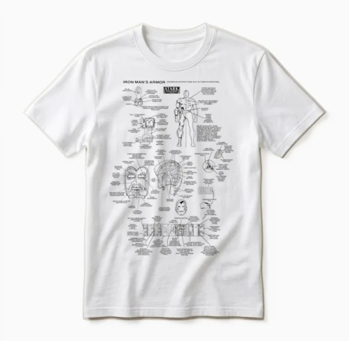 Marvel Iron Man Stark Industries T-Shirt Black Armor Detail Unisex T-Shirt in White