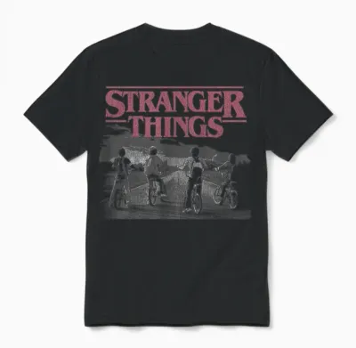 Stranger Things Poster Bike Scene T-Shirt, Blue, S Unisex T-Shirt - Black