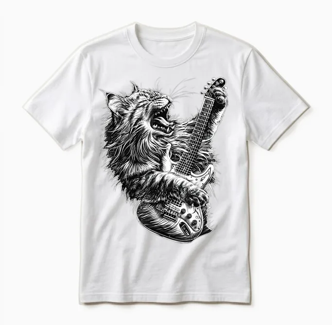 Music Cat Jamming with a Passion for Guitar and Rock T-Shirt, Black, S Unisex T-Shirt in White