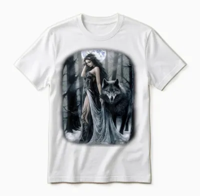 Frau Und Grauer Wolf Im Dunklen Wald Mit Mond Fantasy Unisex T-Shirt - White