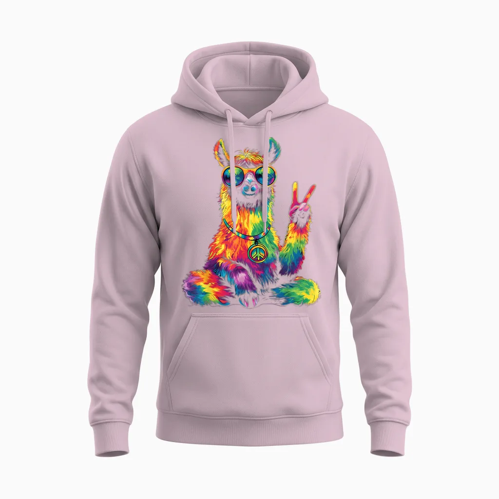 Hippie Peace Lama 70s Theme Party Costume T-Shirt, Black, S Unisex Hoodie in Light Pink