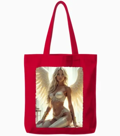 Sexy Brunette Angel Pinup Girl Long Sleeve Print Tote Bags - Red