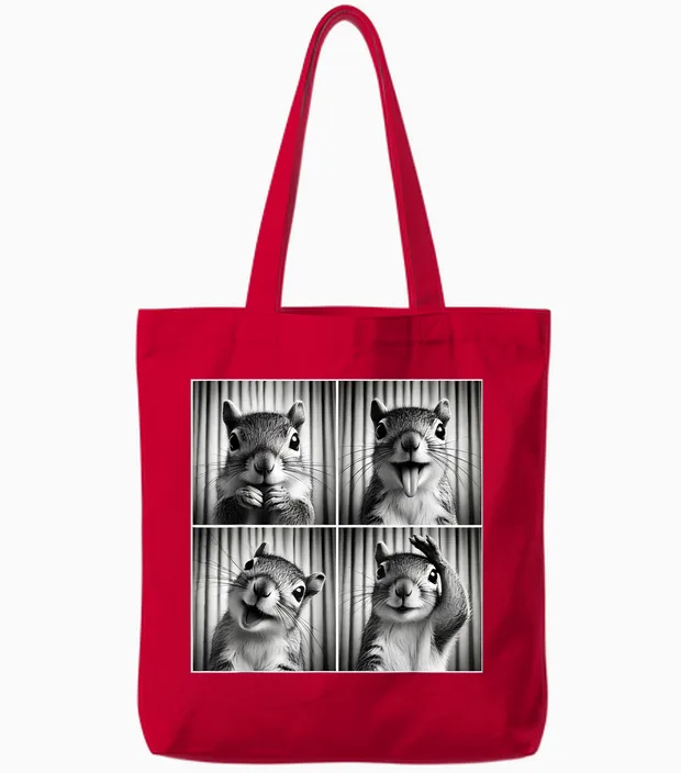 Süßes Eichhörnchen-Selfie-Foto, Lustig, Fotokabine, Eichhörnchen-Liebhaber Tote Bags in Red