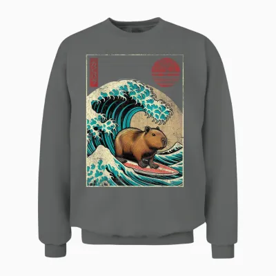 Capybara Japanese Kanagawa Wave Funny Surf Animal Capybara T-Shirt, Black Unisex Sweatshirt - Graphite Heather