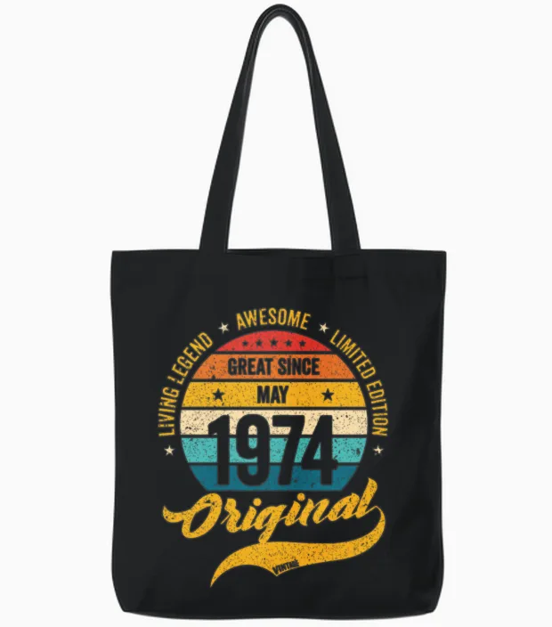 Retro 50 Years May 1974 Birthday Vintage Bday Tote Bags in Black