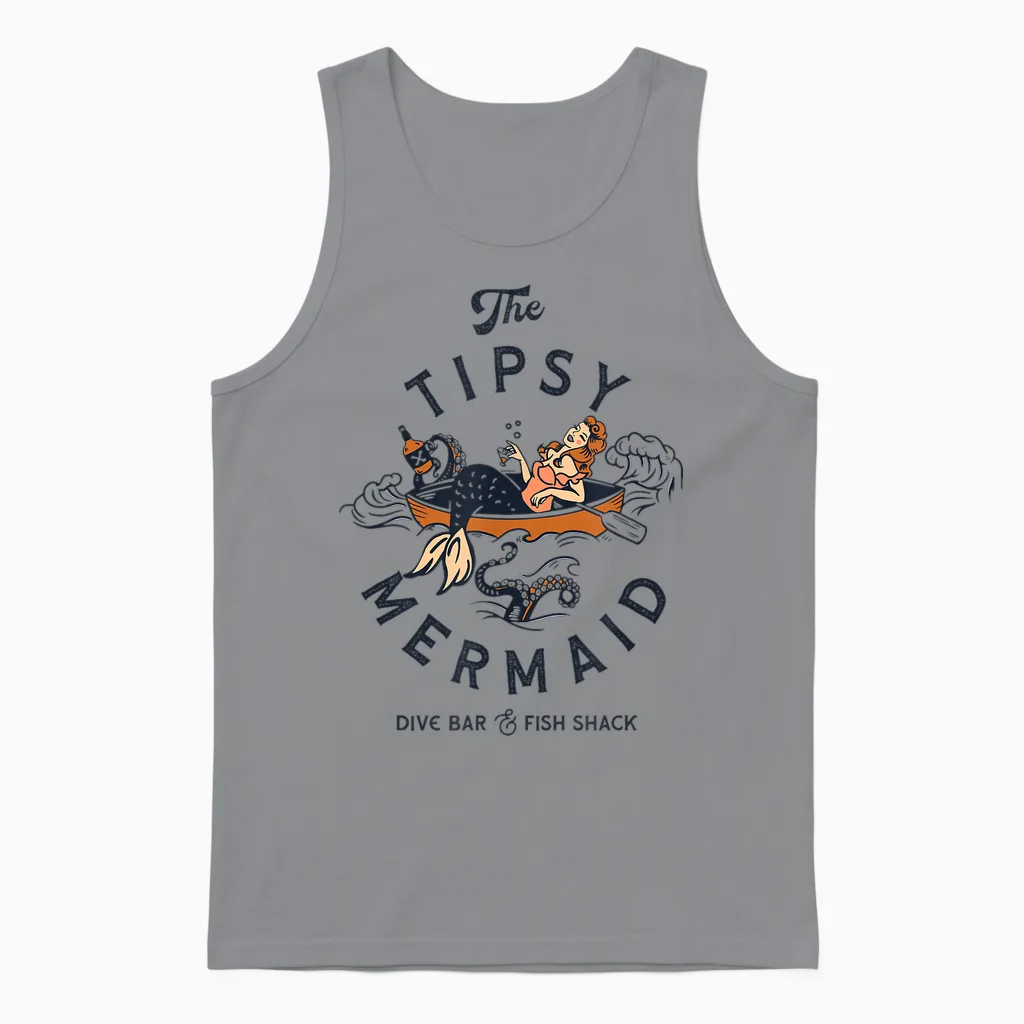 The Tipsy Mermaid Dive Bar & Fish Shack: Vintage Pinup Art Unisex Tank Top in Sport Grey