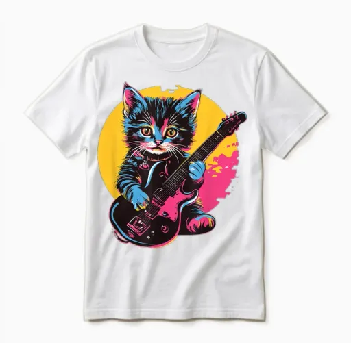 Cute Kitten Playing Guitar Rock Style T-Shirt, Black, S Unisex T-Shirt - White