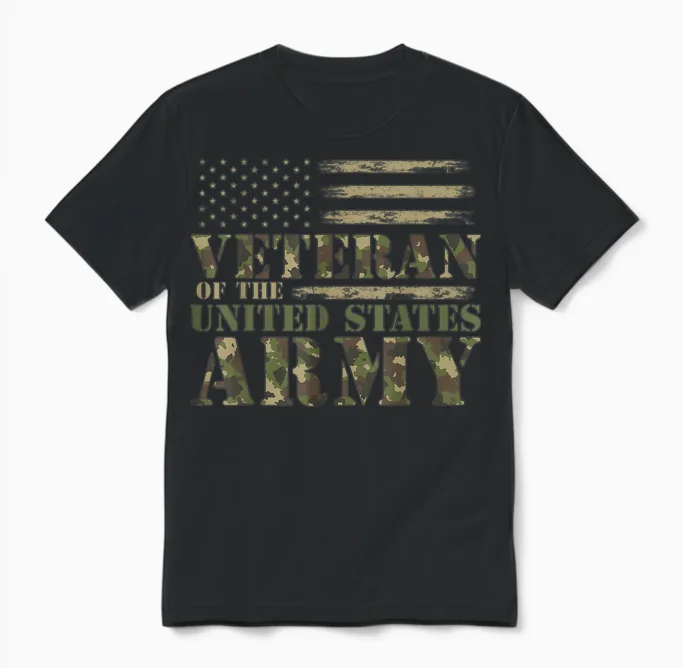 Veteran of the United States Army Camouflage Us Flag Veteran Unisex T-Shirt in Black