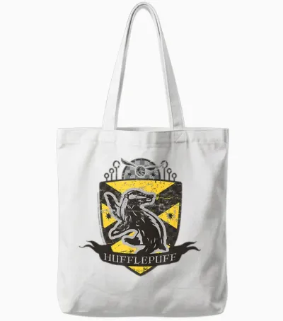 Harry Potter Hufflepuff Quidditch Shield Aged T-Shirt, Grey, S Tote Bags - White
