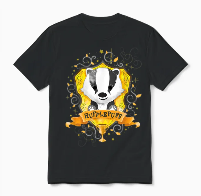 Harry Potter Watercolor Hufflepuff Crest Unisex T-Shirt in Black