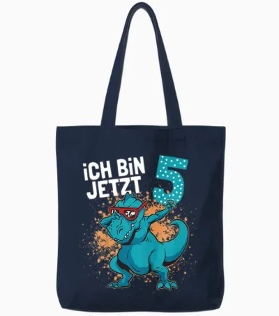 Children's Birthday Shirt 5 Years Boy Dinosaur | Dino Ich Bin 5 T-Shirt, Black Tote Bags - Navy