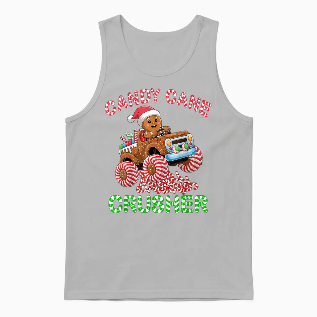 Kids Christmas Gingerbread Candy Cane Crusher Monster Truck Unisex Tank Top in Ash
