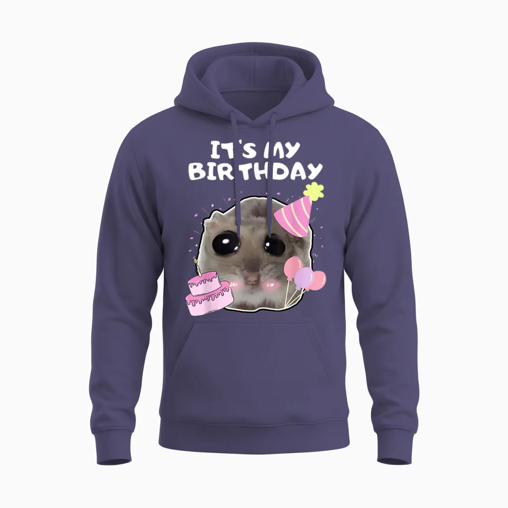 It's My Birthday Sad Hamster Meme T-Shirt, Black Unisex Hoodie in Heather Sport Dark Navy