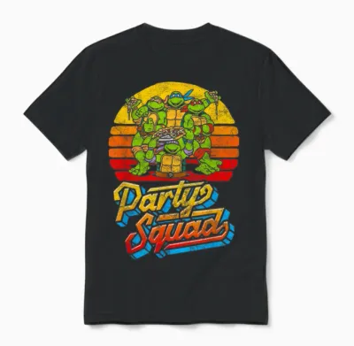 Party Squad! Tmnt Vintage 80s Pizza Friends Distressed Unisex T-Shirt - Black