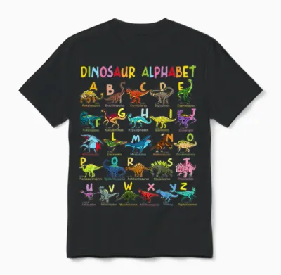 Types of Dinosaurs Alphabet A-Z Abc Dino Identification Unisex T-Shirt - Black