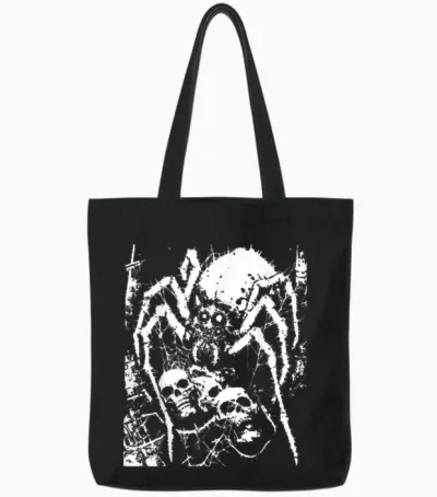 Crust Punk Spider Horror Creepy Edgy Goth Grunge Weirdcore T-Shirt, Black Tote Bags - Black