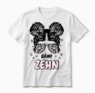 Kids 10th Birthday Girl Messy Bun Bäm! Ten T-Shirt, Black, S Unisex T-Shirt - White