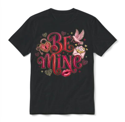 Be Mine Hearts and Letters Valentine's Day Unisex T-Shirt - Black