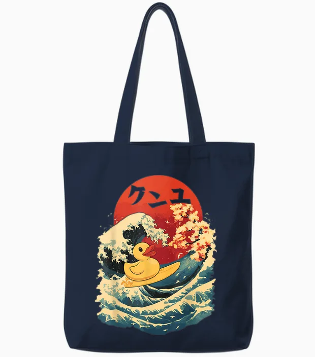 Rubber Duck Surf Japanese Rubber Duck Tote Bags in Navy