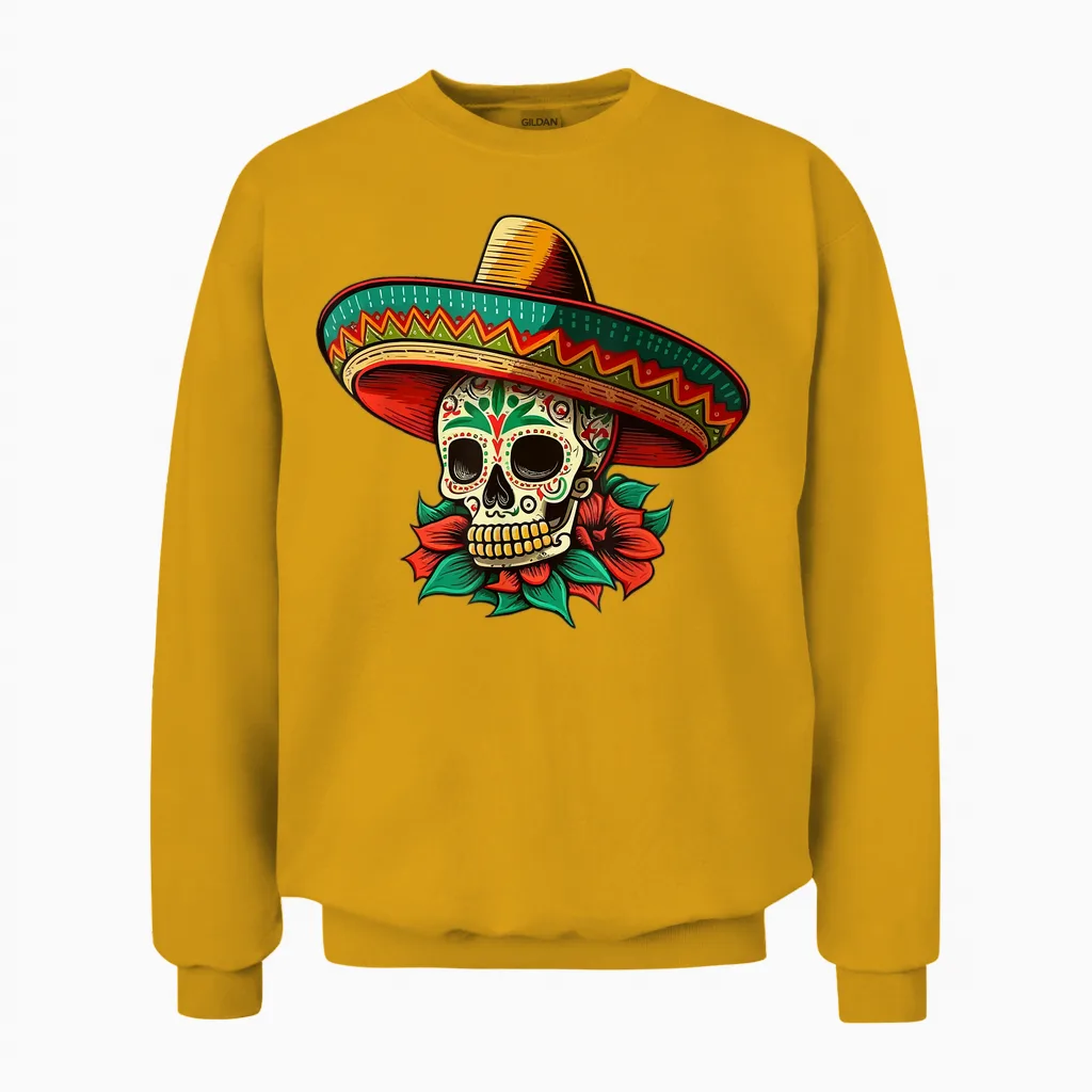 Fleurs Sucre Crâne Mexicain Dia De Los Muertos Cinco De Mayo Unisex Sweatshirt in Gold