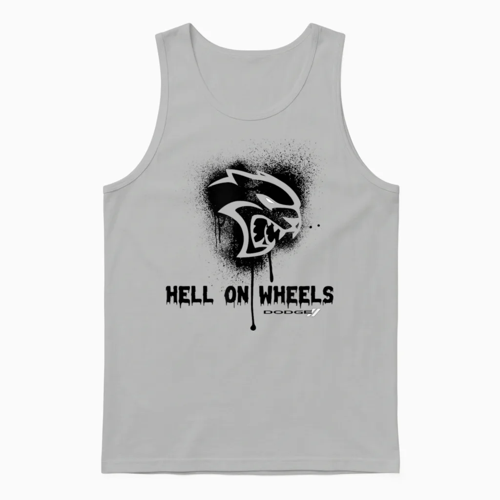 Dodge Hellcat T-Shirt with German Text "die Hölle Auf Räder, Gray Unisex Tank Top in Ash
