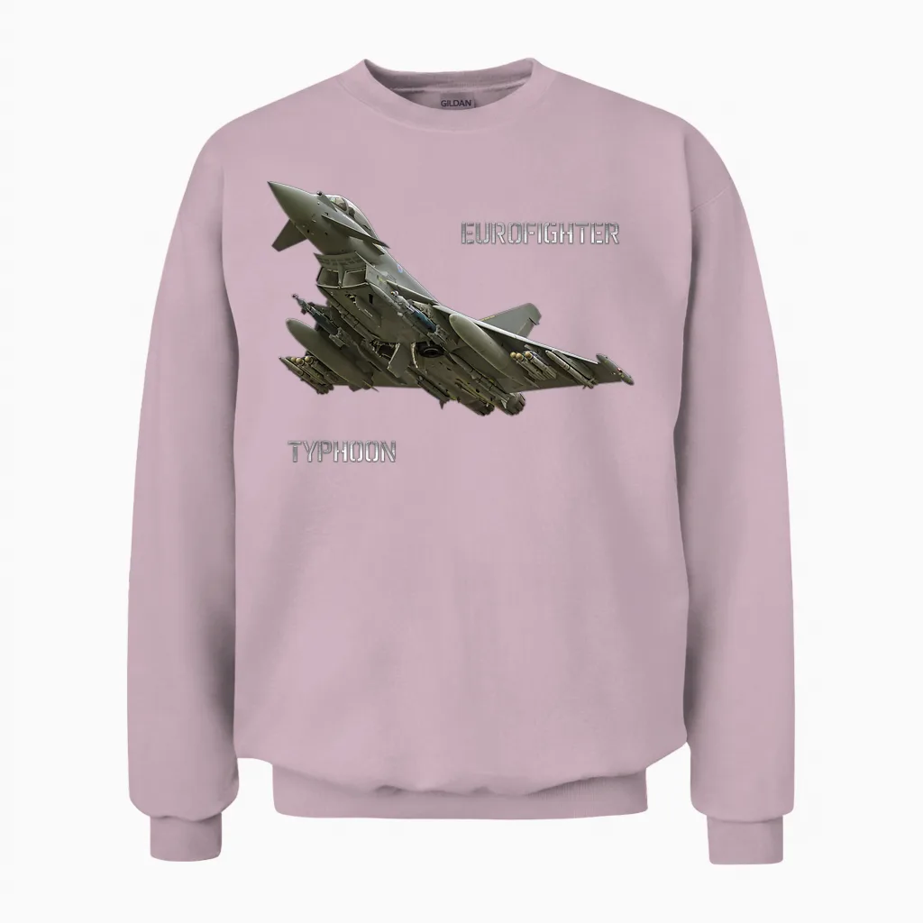 Dasdirkdesign Eurofighter T-Shirt Schwarz Herren Erwachsene Klein Klassische Passform Kurzarm Crew-Ausschnitt Spreizkragen Klassisch Militärisch Flugzeug Unisex Sweatshirt in Light Pink