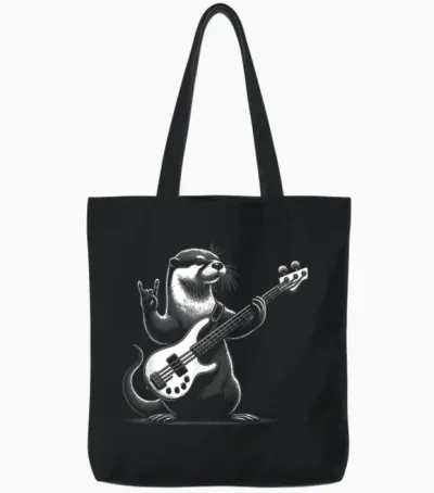 Otter Rock N Roll Playing Guitar Funny Man Woman Otter T-Shirt, Black, S Tote Bags - Black