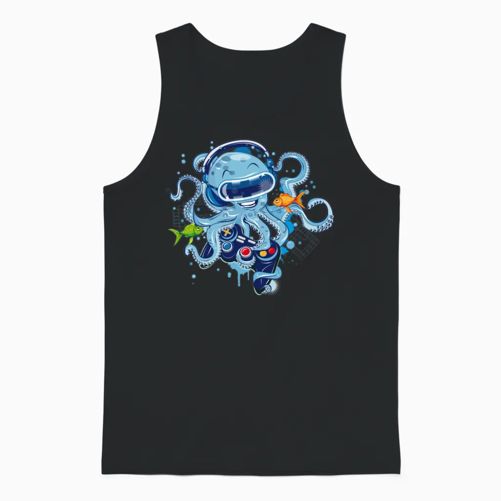 Octopus with Gamepad and Vr Goggles Unisex Tank Top in Black