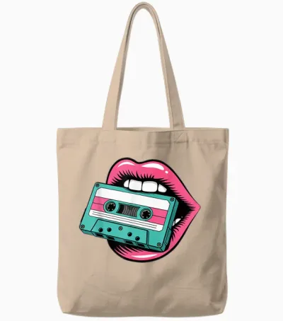 Nostalgic Vibes of the 80s and 90s: Vibrant Lips, Cassette Tote Bags - Natural