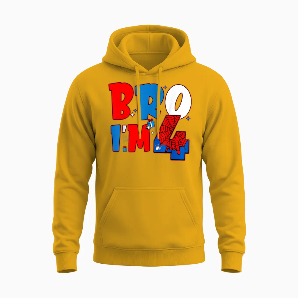 Bro Iβm 4 Spider Theme Party Boy Birthday 4th Years Old Unisex Hoodie in Gold