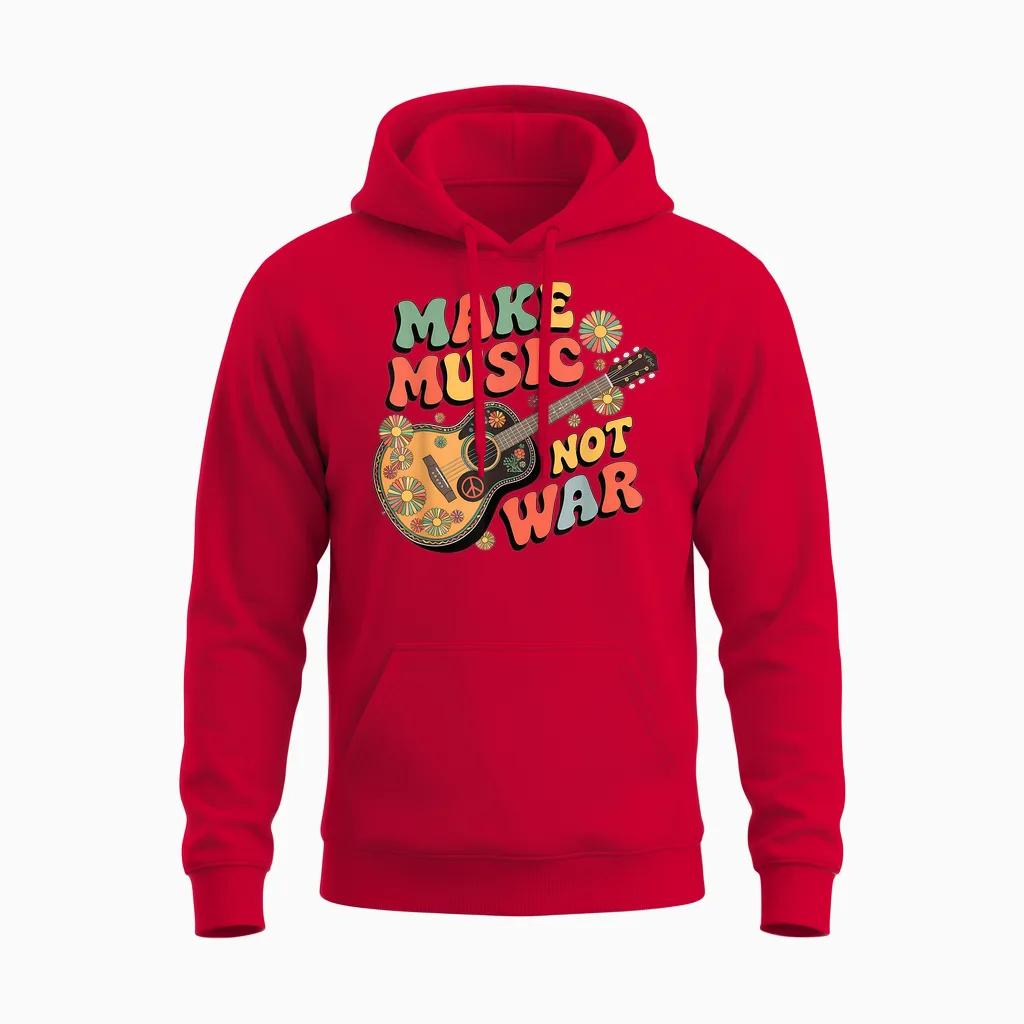 "make Music Not War" Retro Boho Gitarre Peace Symbol Groovy Unisex Hoodie in Red