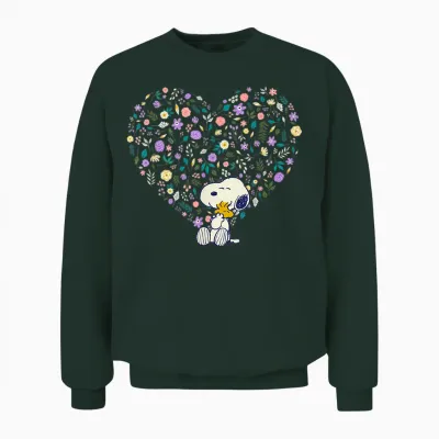 Peanuts Snoopy & Woodstock Hug Heart Floral Unisex Sweatshirt - Forest