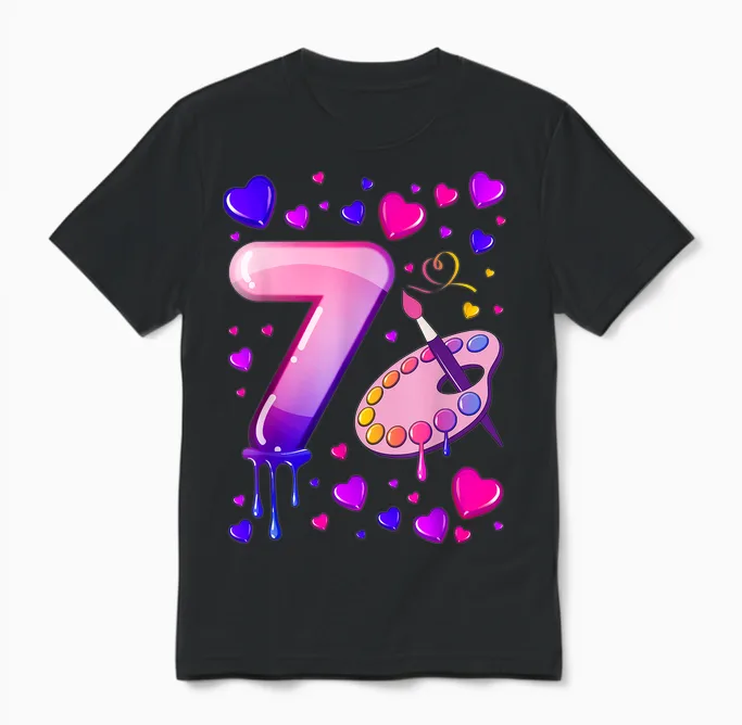 7. Geburtstag, Mädchen 7 Jahre, Malerei, Nummer 7 Unisex T-Shirt in Black