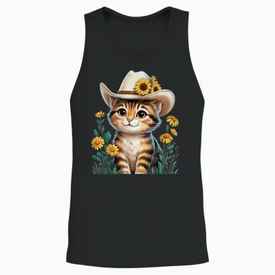 Adorable Cartoon Cat in Cowboy Hat with Rustic Sunflowers Unisex Tank Top - Black