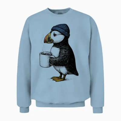 Puffin with Hat Funny Coffee Bird Unisex Sweatshirt - Light Blue