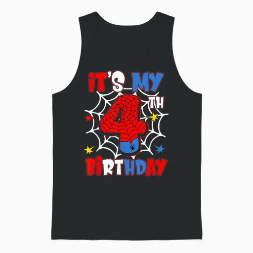 It's My 4th Birthday Spider Theme Party 4 Year Old Boys Unisex Tank Top in Black