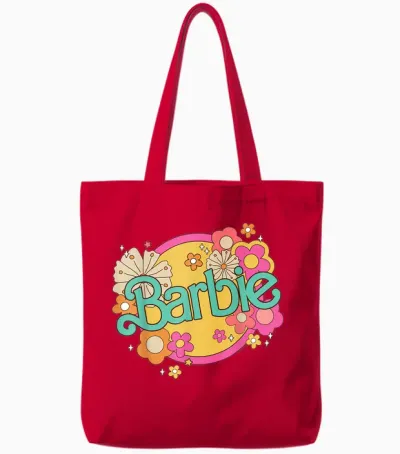 Barbie - Retro Logo with Flowers T-Shirt, Black Tote Bags - Red