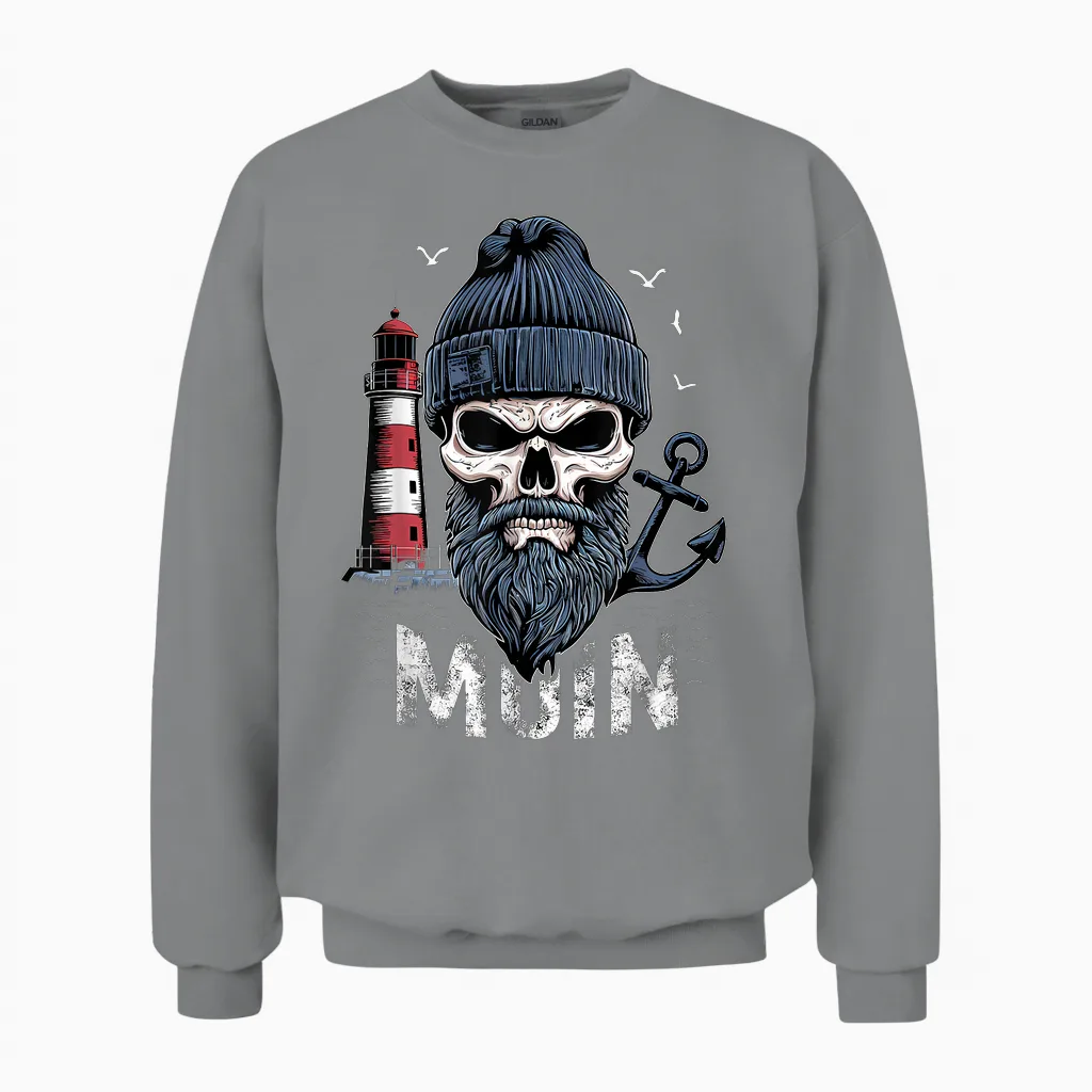Moin Skull Lighthouse Moin North German Coastal Motif T-Shirt, Black, S Unisex Sweatshirt in Sport Grey