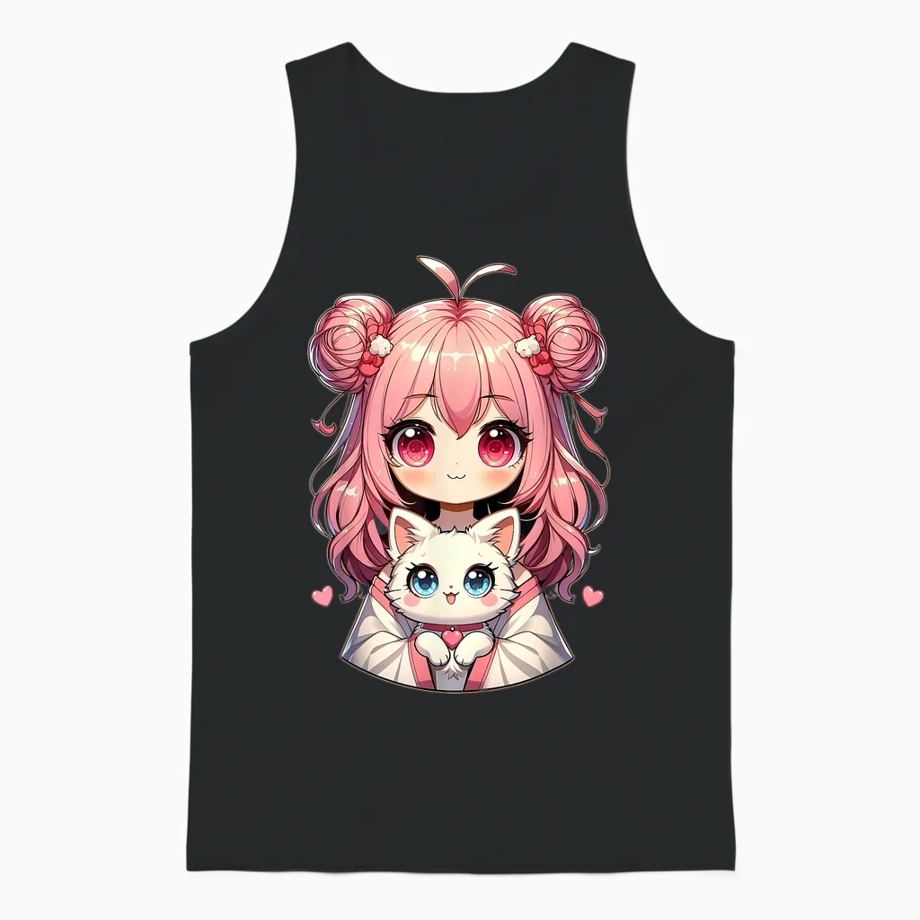 Anime Cute Cat Lovers Kawaii Manga Otaku Anime Girl Pink T-Shirt, Black, S Unisex Tank Top in Black