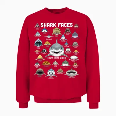 Shark Faces Shirt Types of Shark Funny Marine Biology Shark Unisex Sweatshirt - Red