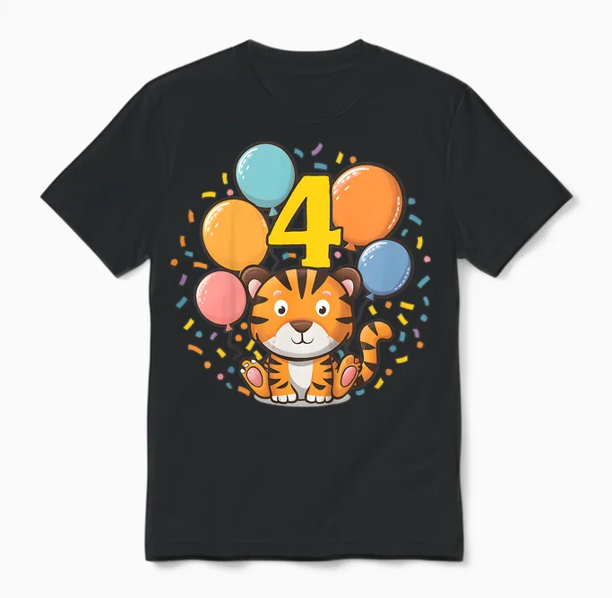 Kinder 4. Geburtstag Kindergeburtstag Vierter Geburtstag Tiger Unisex T-Shirt in Black