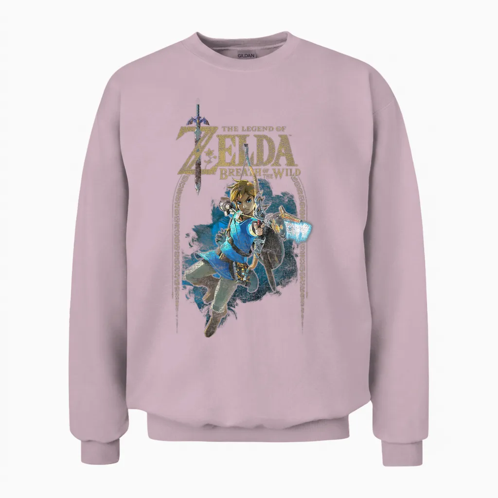 Zelda Breath of the Wild Link Arch Shot Logo Graphic Unisex Sweatshirt in Light Pink