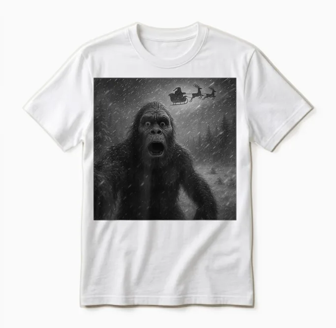 Funny Bigfoot Sasquatch Selfie Santa Claus Xmas Christmas Unisex T-Shirt in White